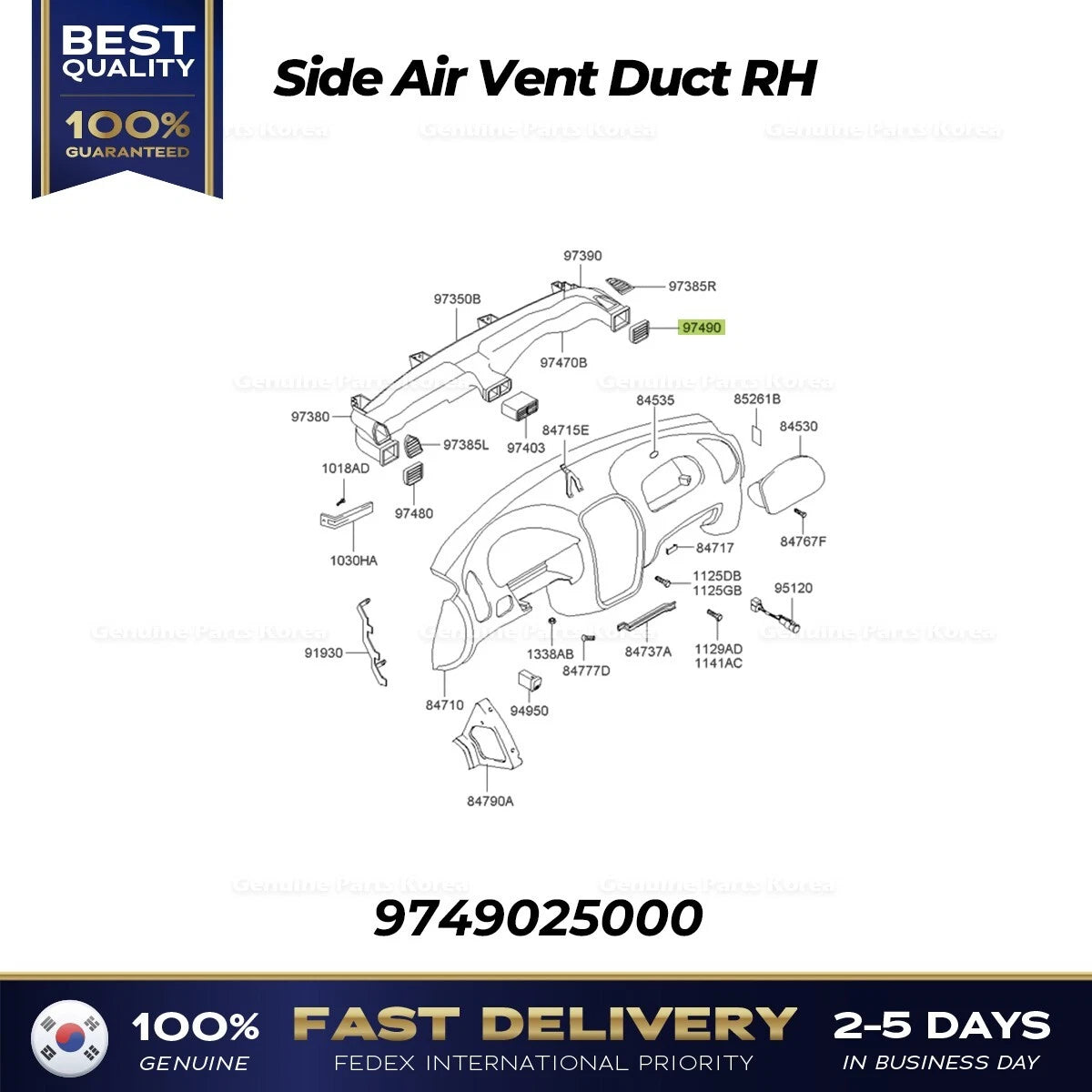 ⭐Genuine⭐ Side Air Vent Duct RH 9749025000 for Hyundai Accent