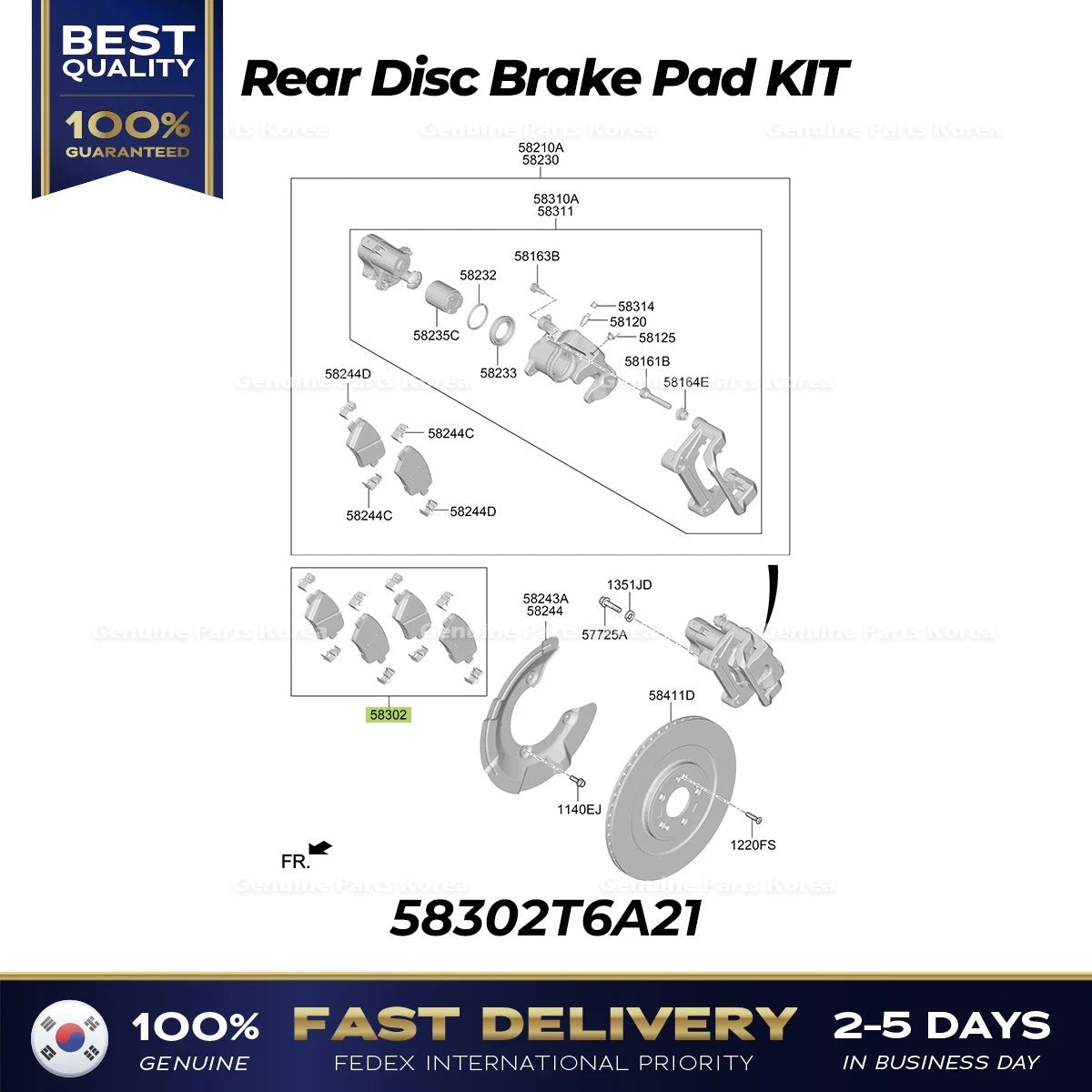 ⭐Genuine⭐ Rear Disc Brake Pad KIT 58302T6A21 for Hyundai Genesis GV80