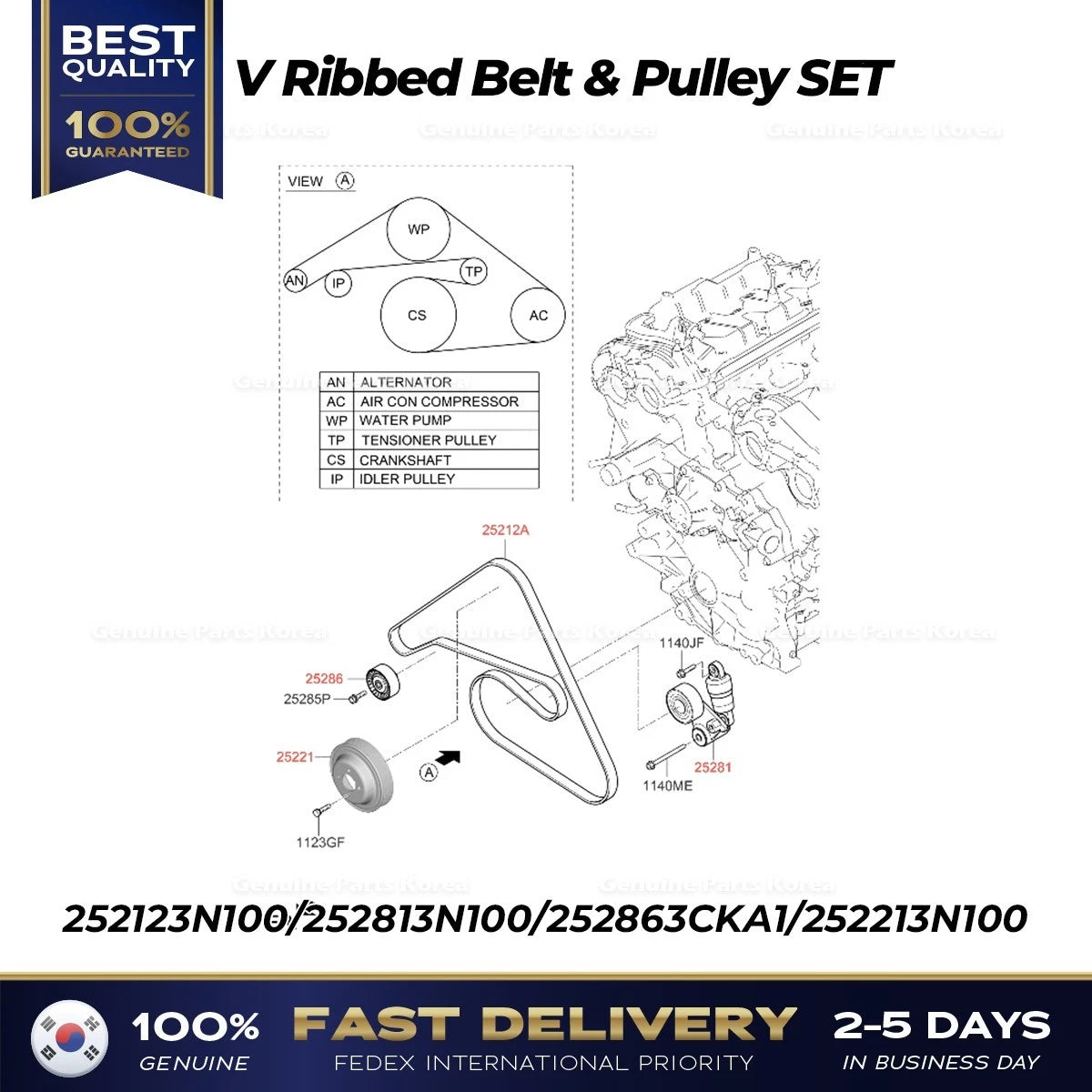 ⭐Genuine⭐ V Ribbed Belt & Pulley SET for Hyundai Genesis G80 G90