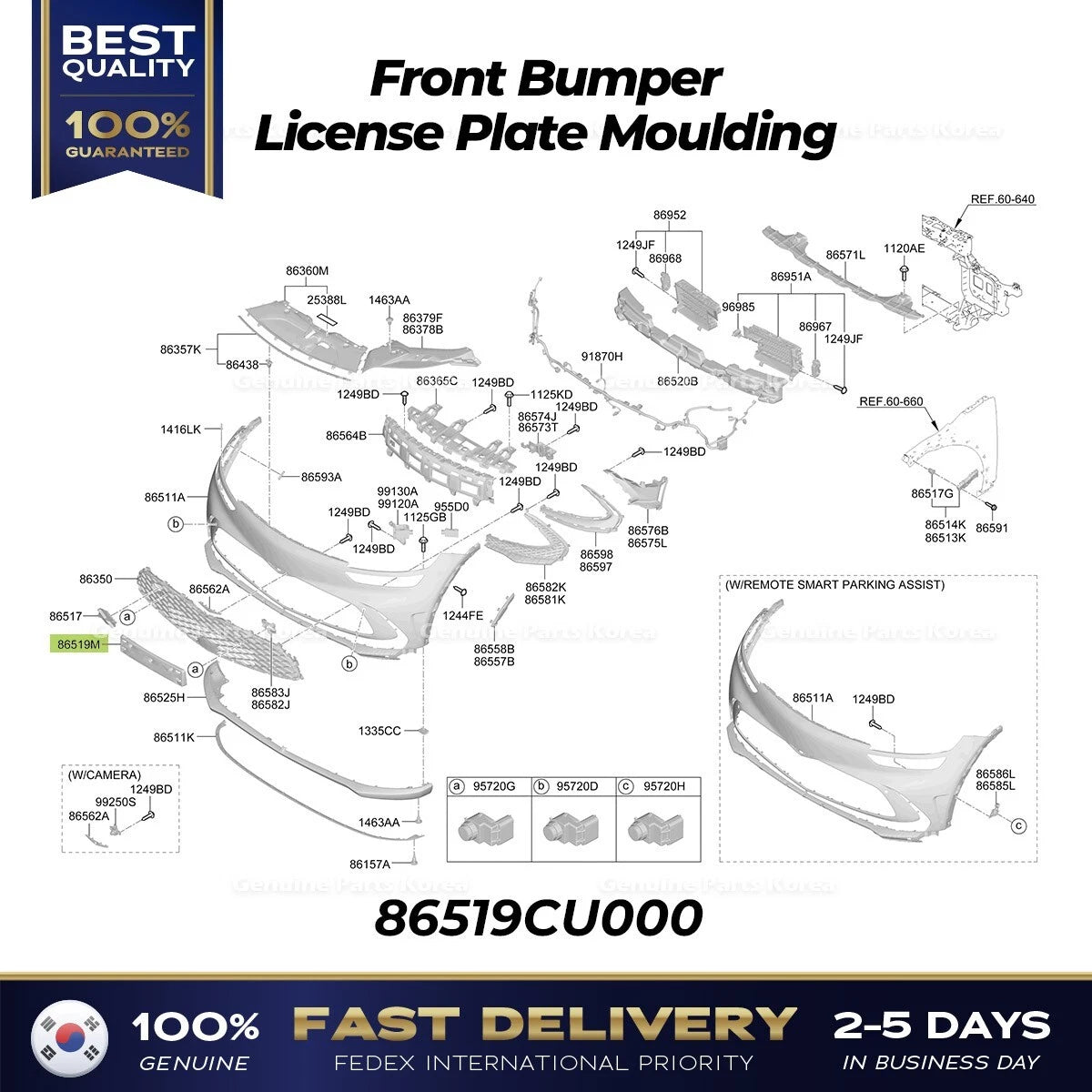 ⭐Genuine⭐ Front Bumper License Plate Moulding 86519CU000 for Genesis GV60