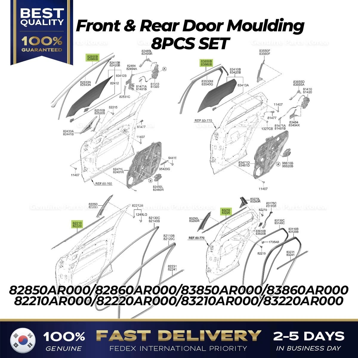 ⭐Genuine⭐ Front & Rear Door Moulding 8PCS SET for Hyundai Genesis GV70