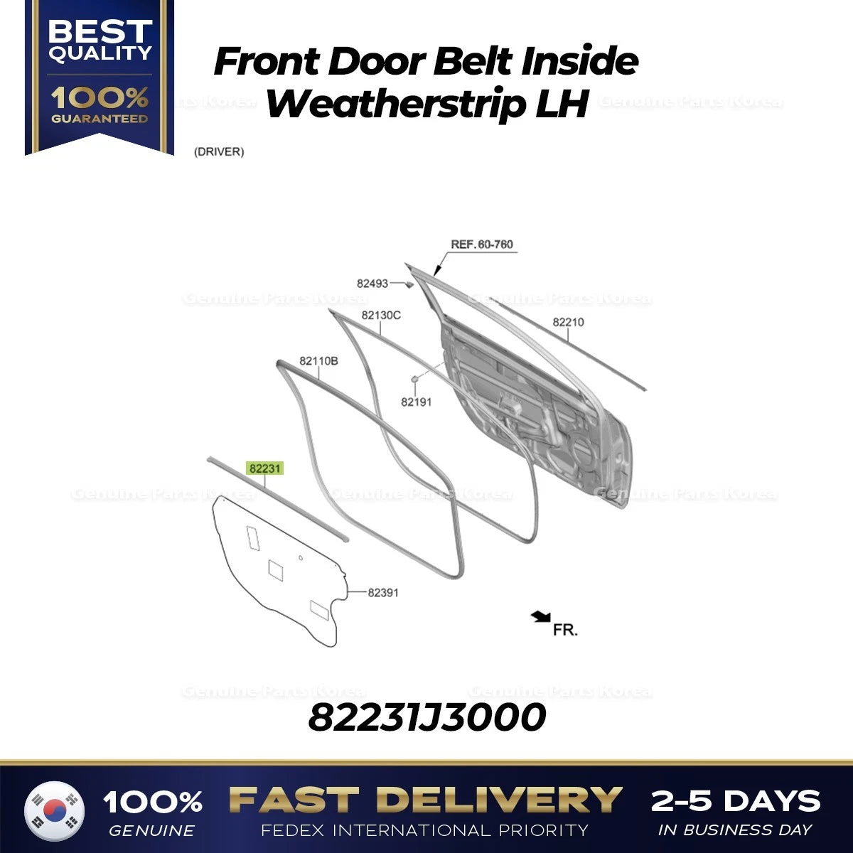 ⭐Genuine⭐ Front Door Belt Inside Weatherstrip LH 82231J3000 for Hyundai Veloster