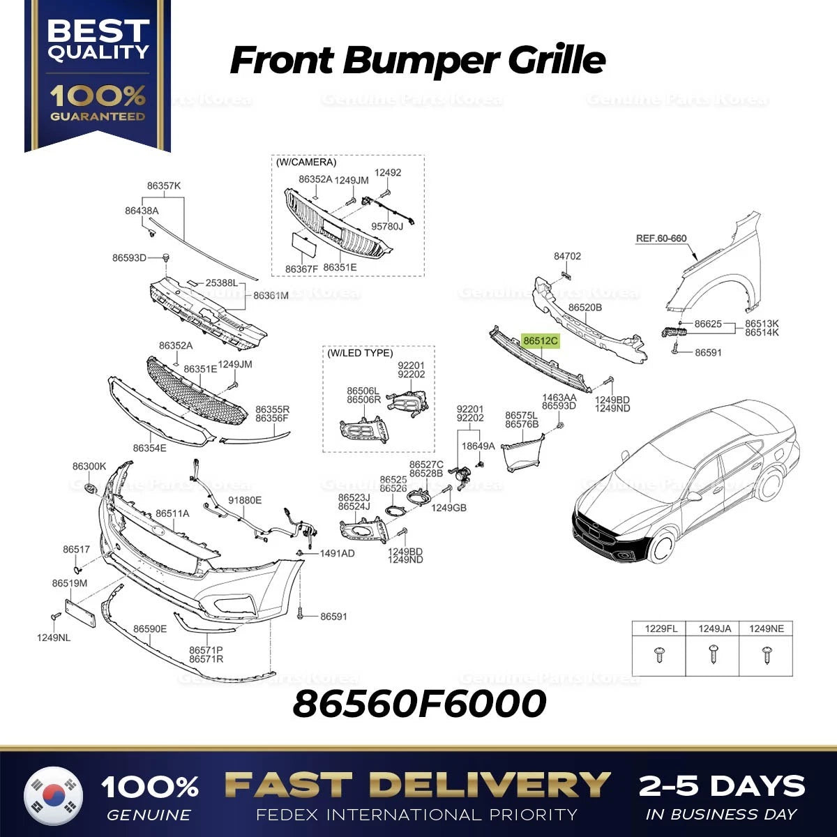 ⭐Genuine⭐ Front Bumper Grille 86560F6000 for Kia Cadenza