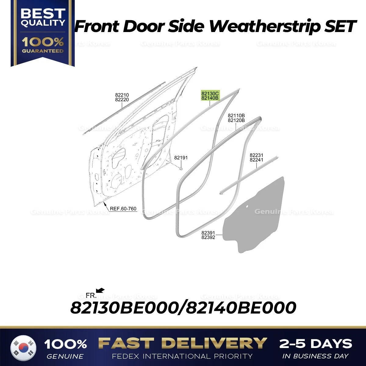 ⭐Genuine⭐ Front Door Side Weatherstrip SET 82130BE000 82140BE000 for Kona