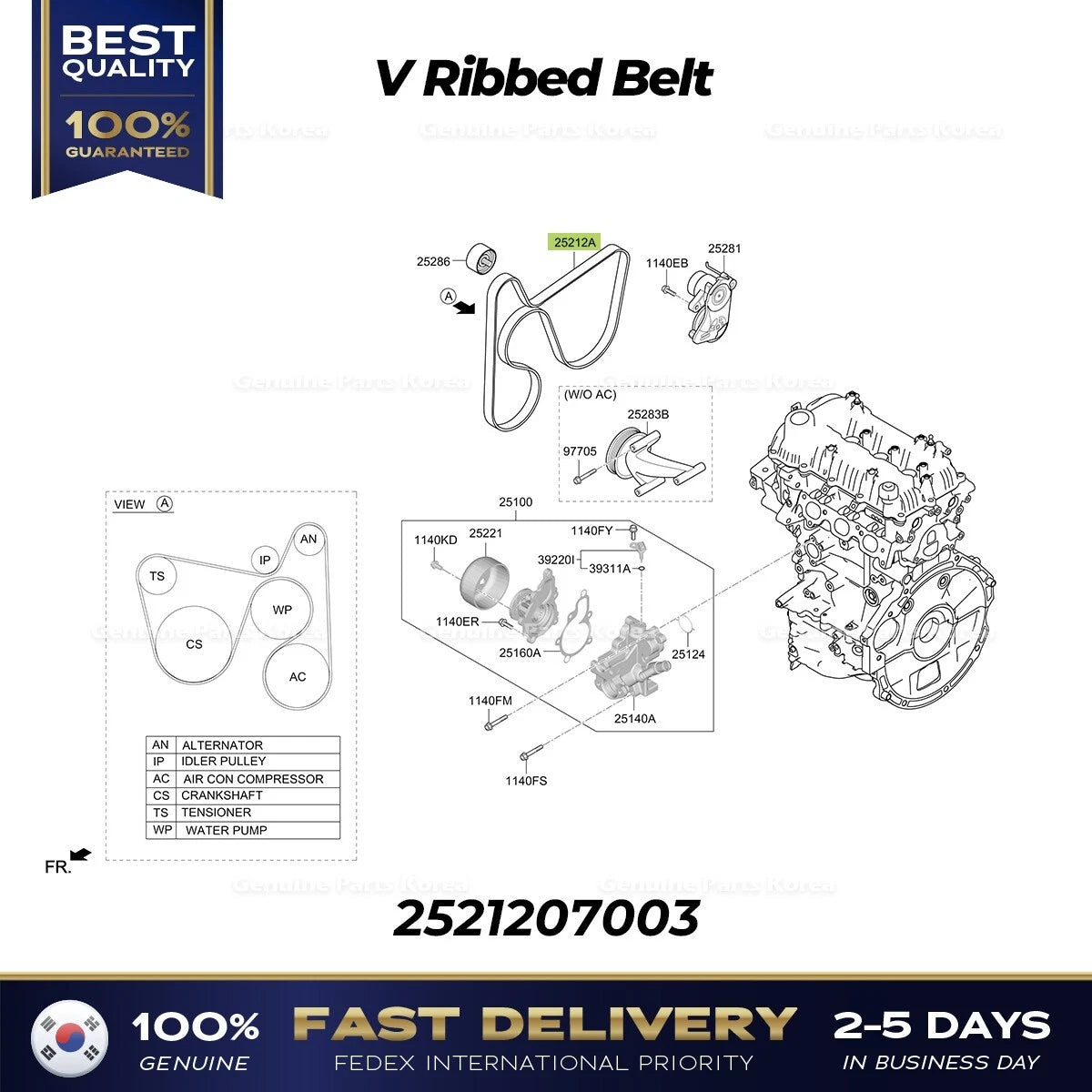 ⭐Genuine⭐ V Ribbed Belt 2521207003 for Hyundai Casper Kia Picanto