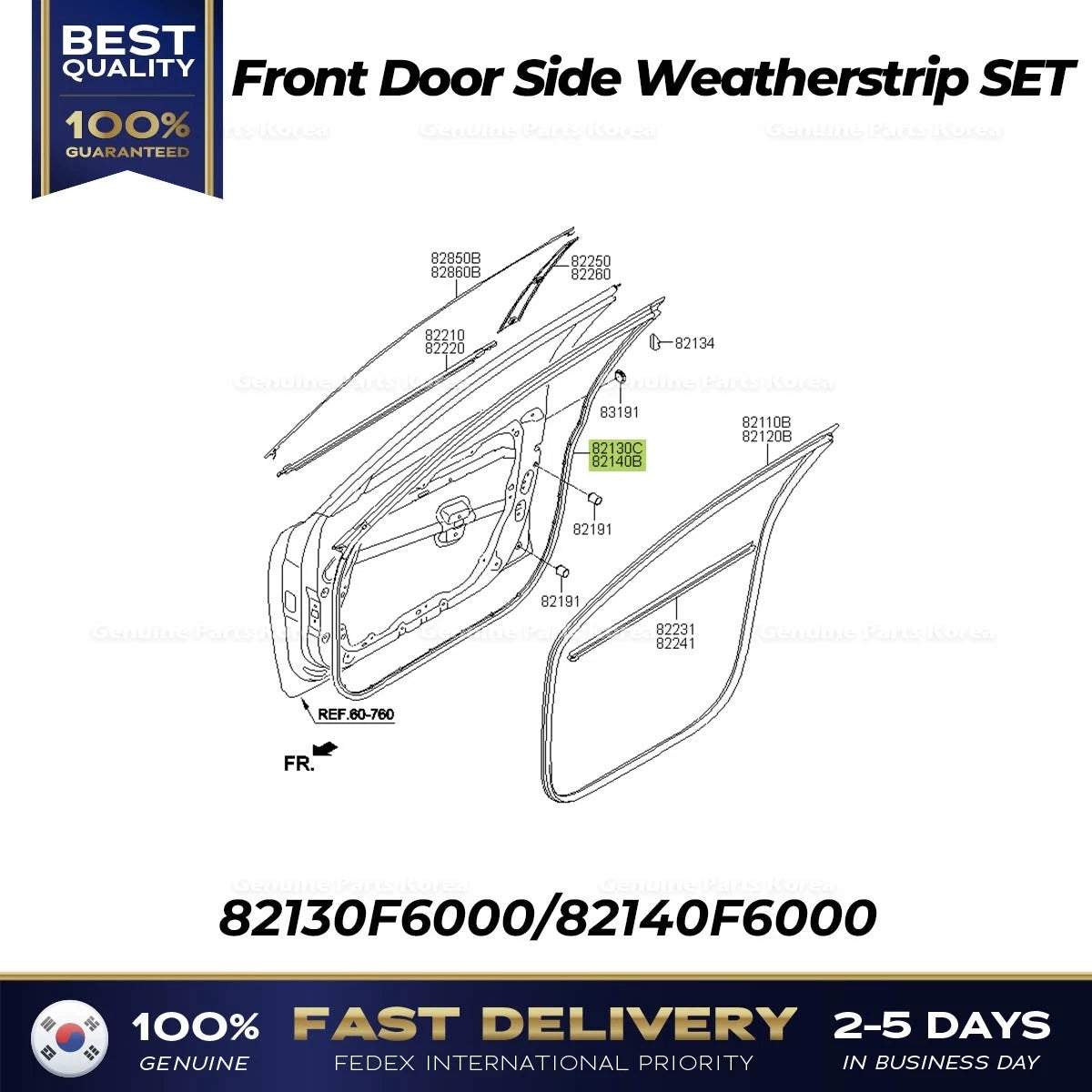 ⭐Genuine⭐ Front Door Side Weatherstrip SET 82130F6000 82140F6000 for Kia Cadenza