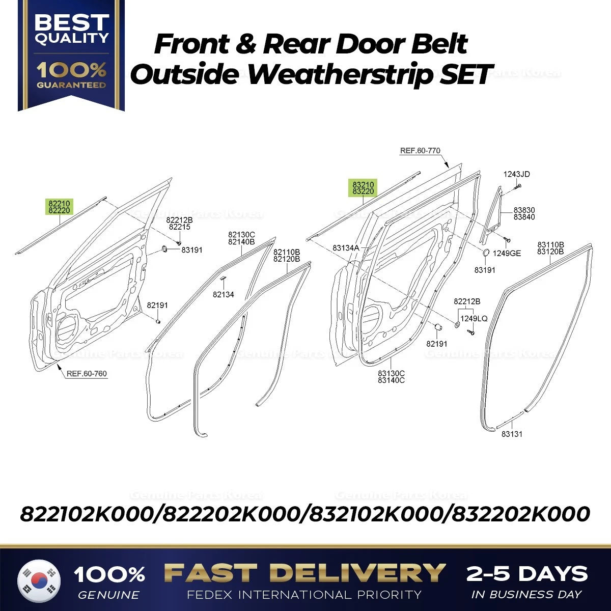 ⭐Genuine⭐ Front & Rear Door Belt Outside Weatherstrip SET for Kia Soul