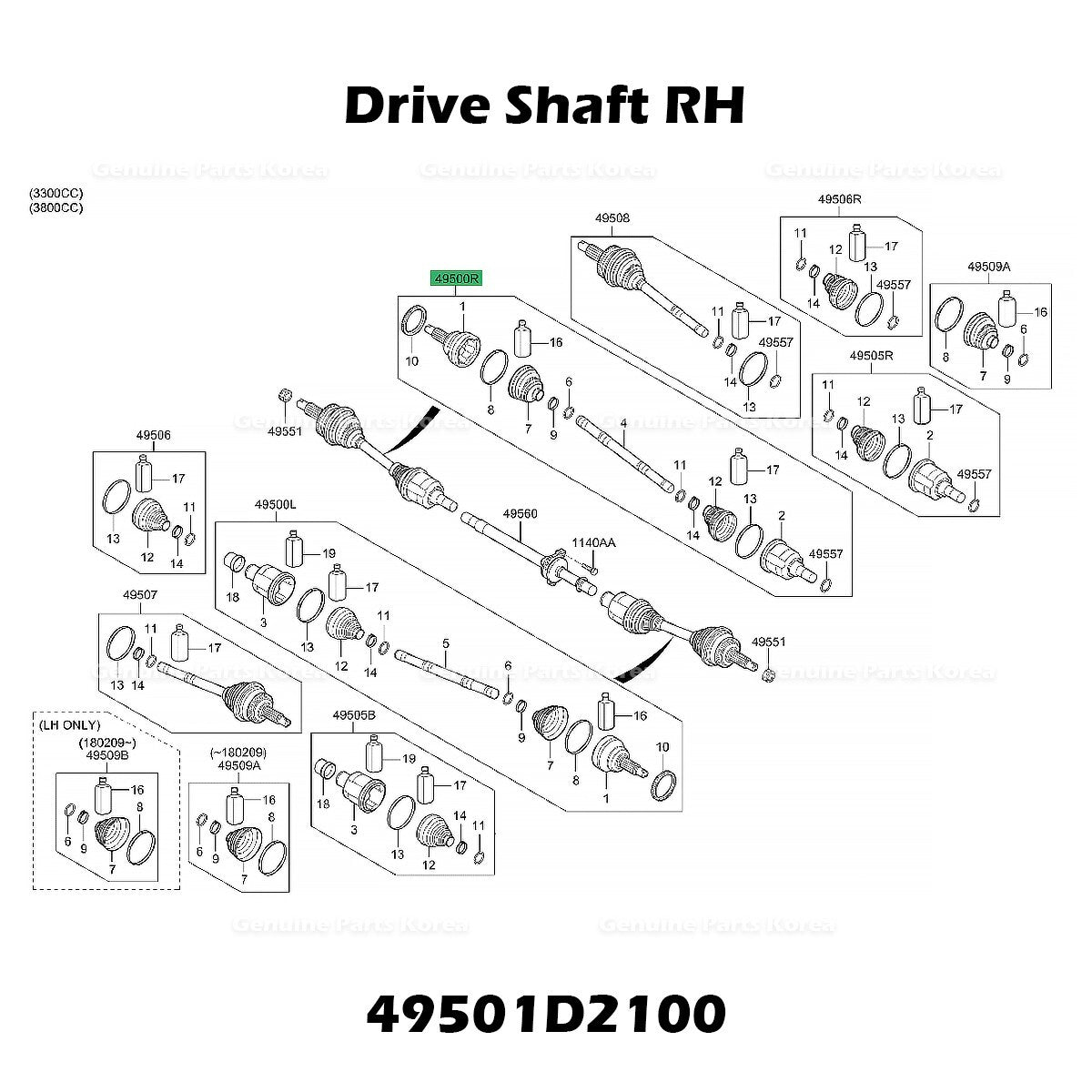 Genuine Drive Shaft RH 49501D2100 for Hyundai Genesis G80 G90 Kia K900