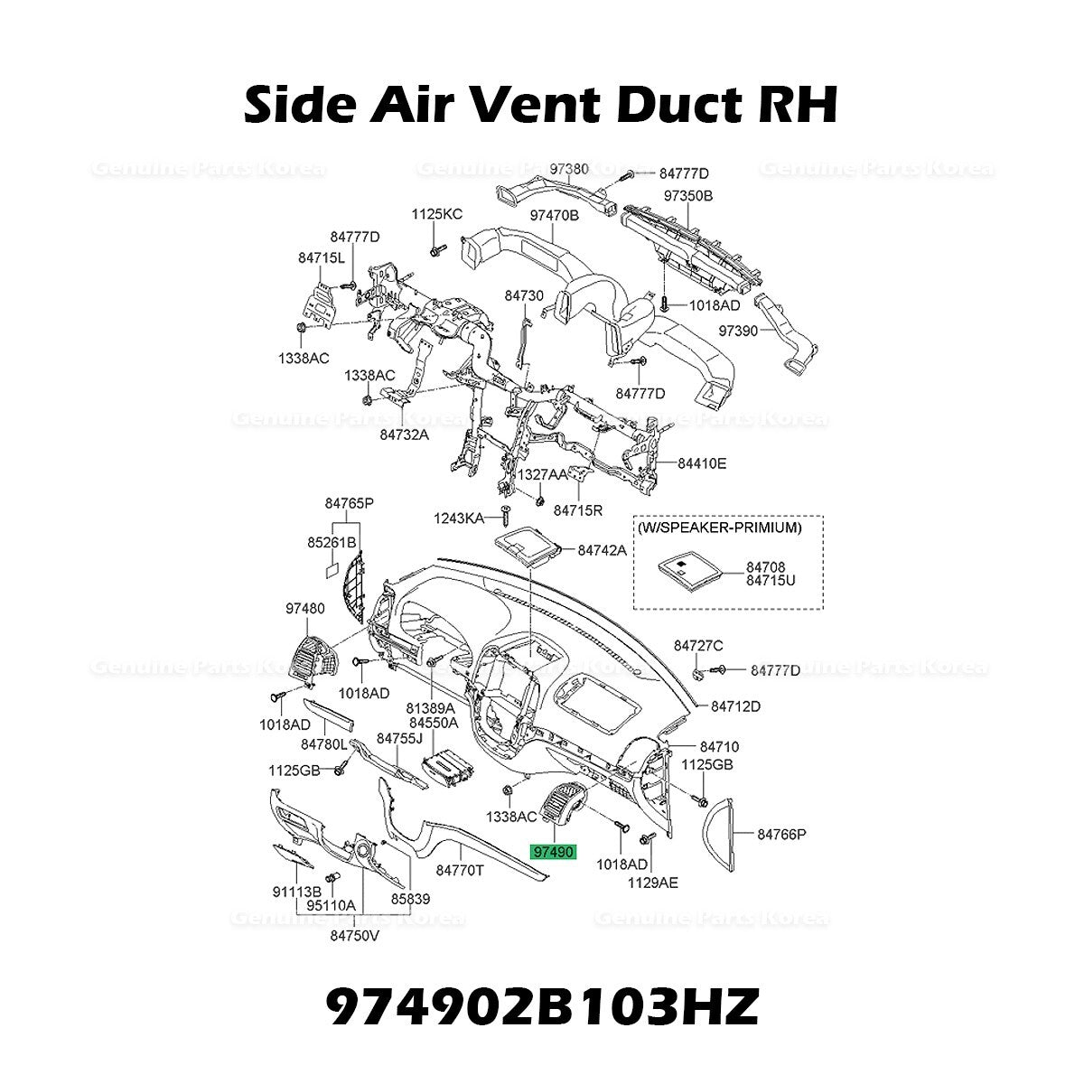 Genuine Side Air Vent Duct RH 974902B103HZ for Hyundai Santa Fe