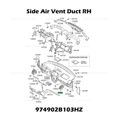 Genuine Side Air Vent Duct RH 974902B103HZ for Hyundai Santa Fe