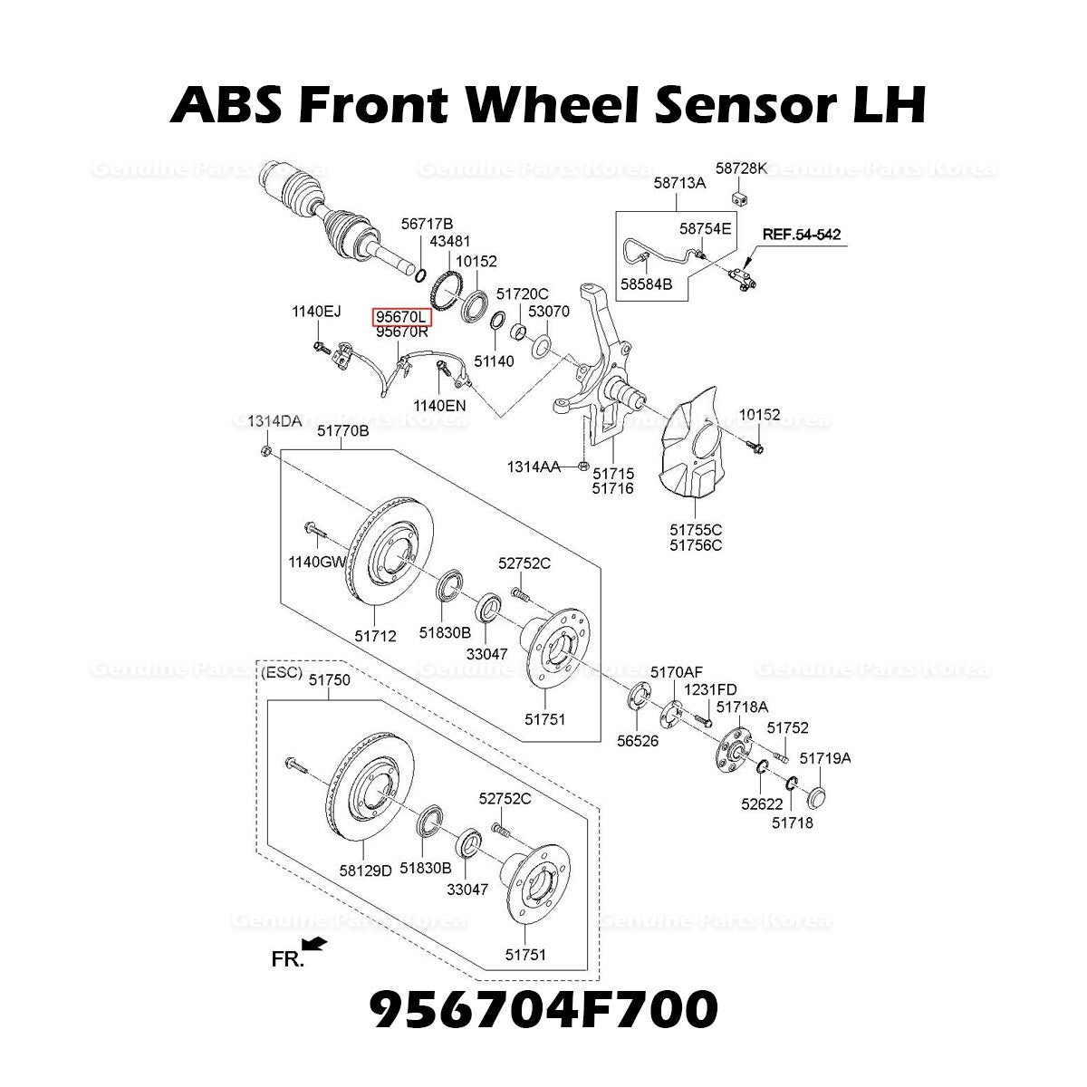 Genuine ABS Front Wheel Sensor LH 956704F700 for Hyundai H100 Porter II