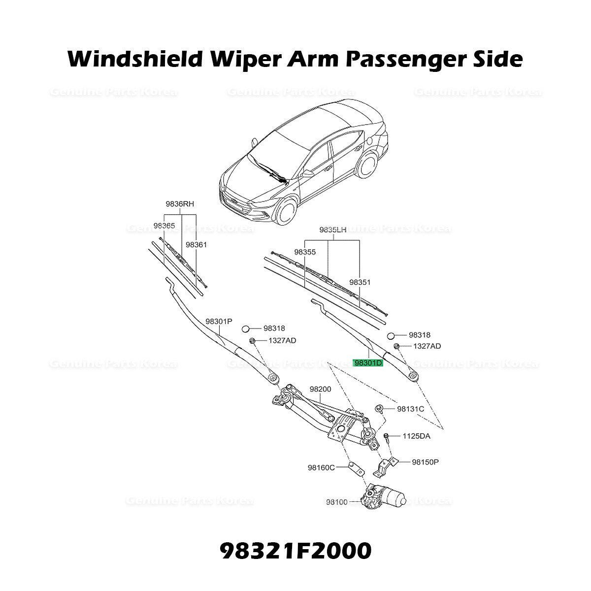 Genuine Windshield Wiper Arm Passenger Side 98321F2000 for Hyundai Elantra