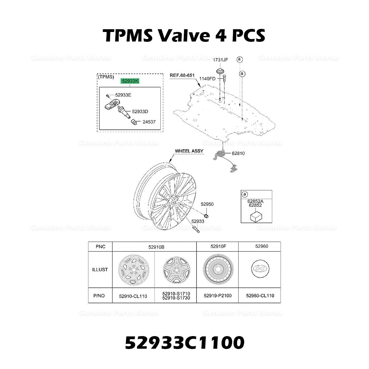 Genuine TPMS Valve 4 PCS 52933C1100 for Hyundai Santa Fe Tucson Kia Sedona