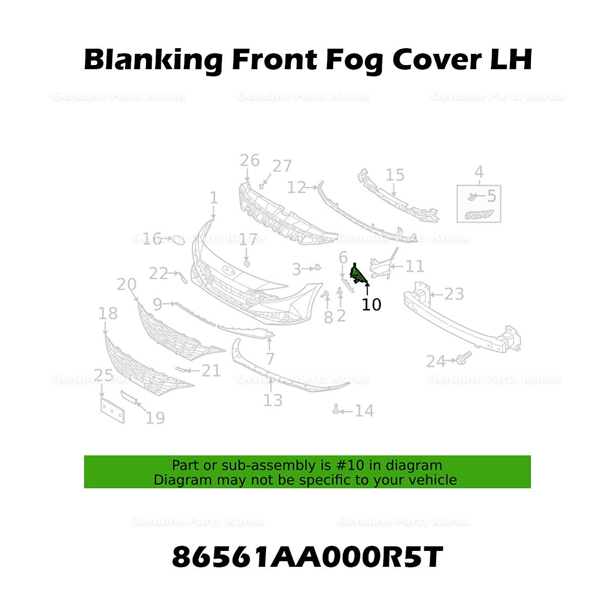 Genuine Blanking Front Fog Cover LH 86561AA000R5T for Hyundai Elantra
