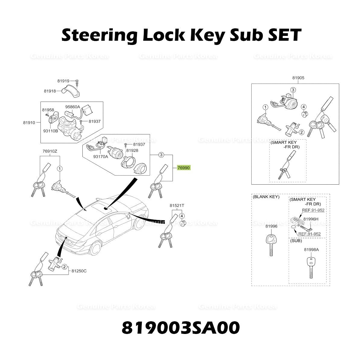 Genuine Steering Lock Key Sub SET 819003SA00 for Hyundai Sonata