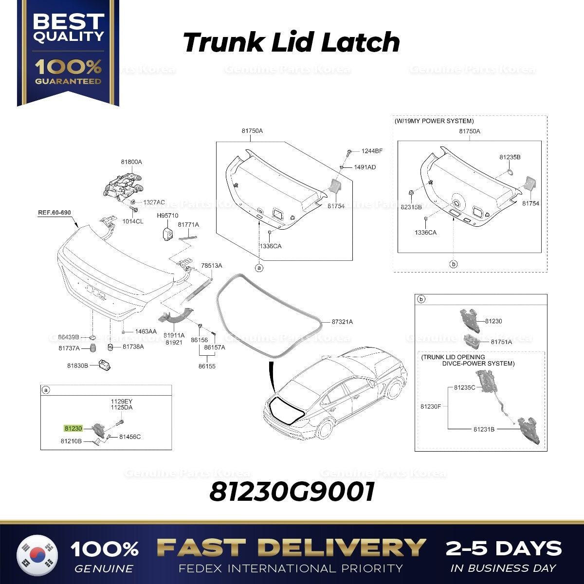 Genuine Trunk Lid Latch 81230G9001 for Hyundai Genesis G70 Sonata
