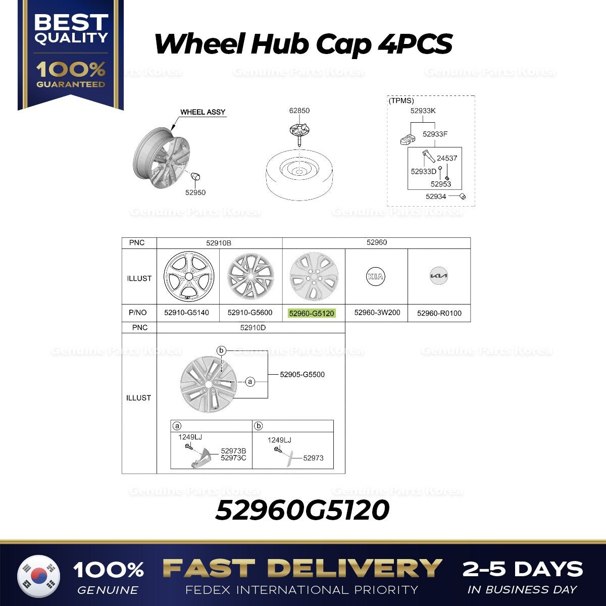 Genuine Wheel Hub Cap 4PCS 52960G5120 for Kia Niro