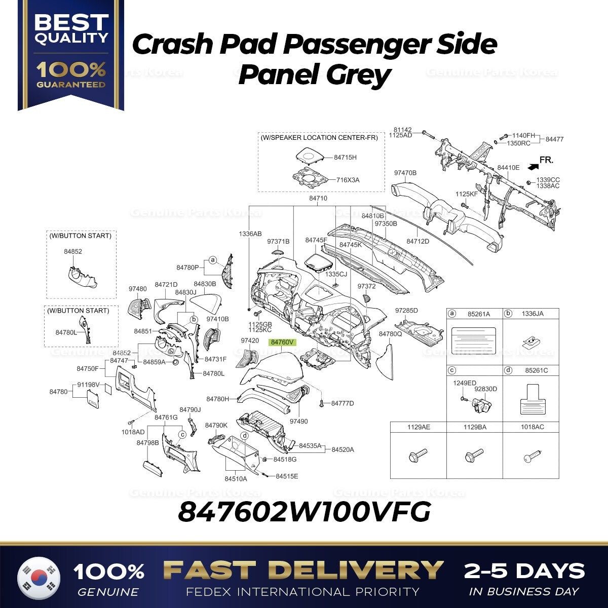 Genuine Crash Pad Passenger Side Panel Grey 847602W100VFG for Hyundai Santa Fe