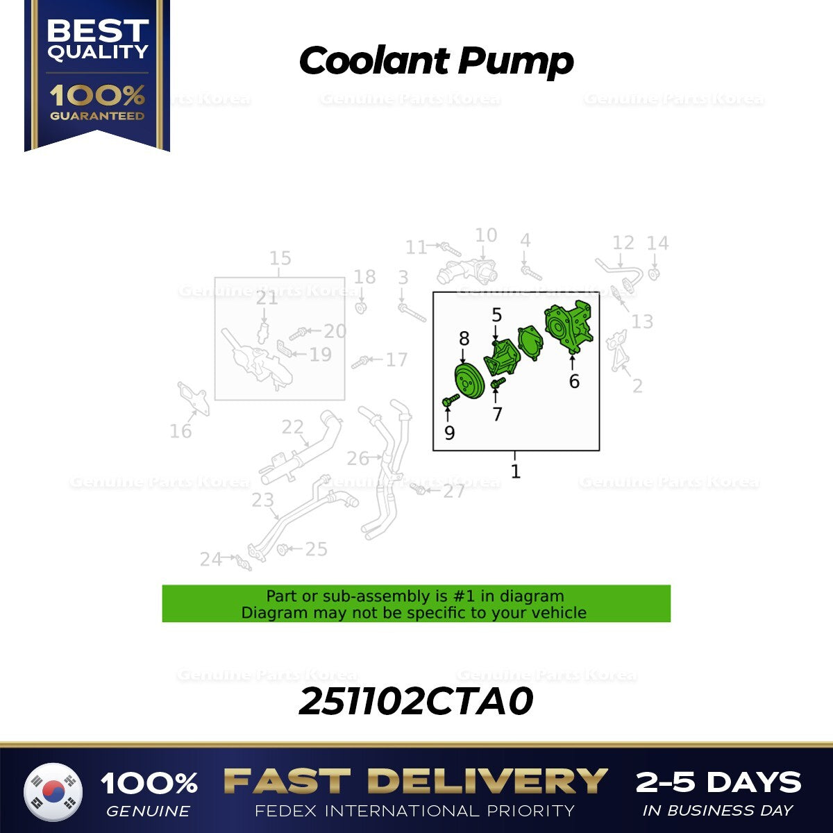 Genuine Coolant Pump 251102CTA0 for Hyundai Genesis G70 Kia Stinger