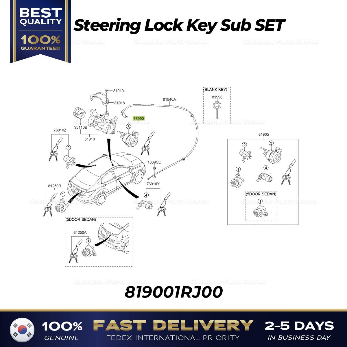 Genuine Steering Lock Key Sub SET 819001RJ00 for Hyundai Accent
