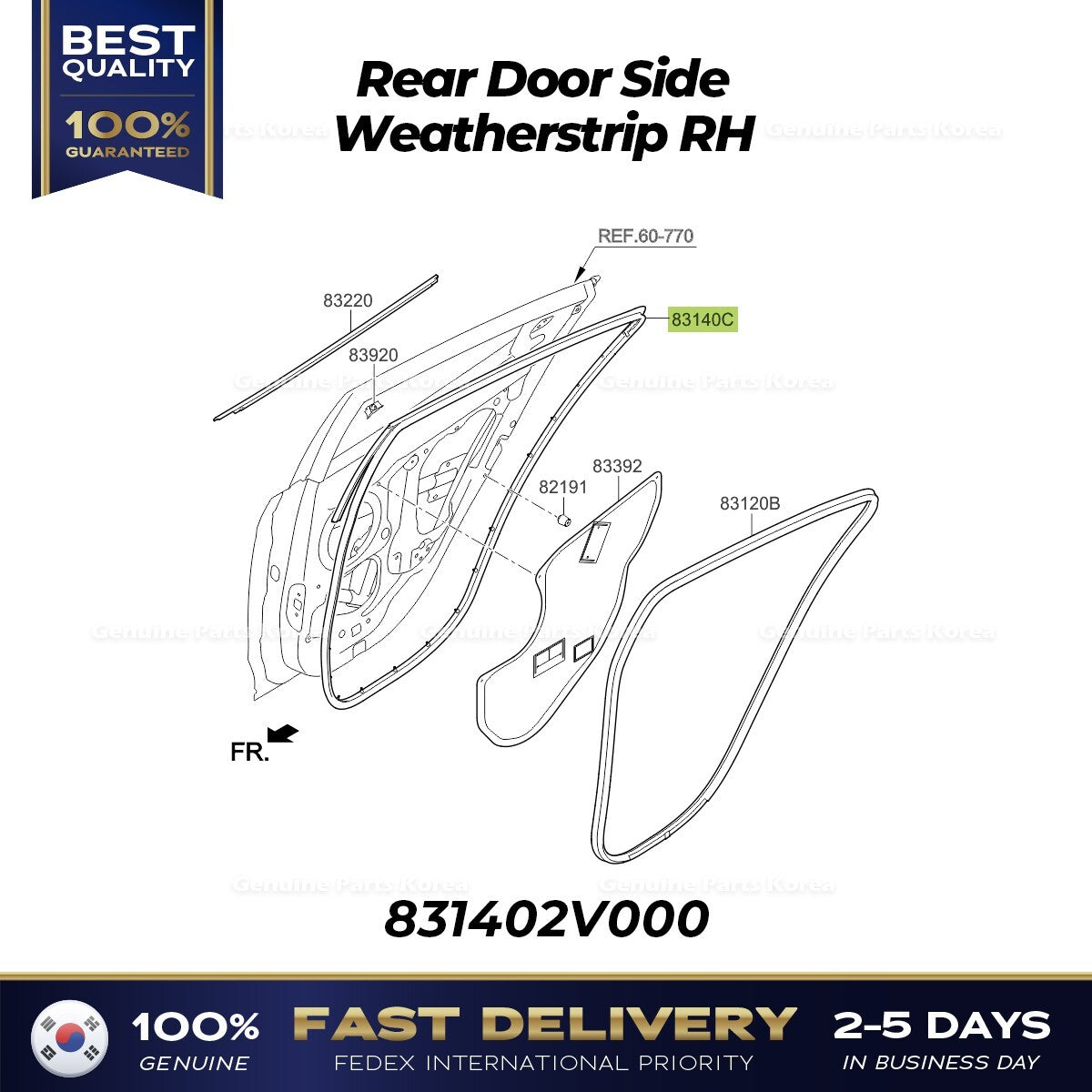 Genuine Rear Door Side Weatherstrip RH 831402V000 for Hyundai Veloster