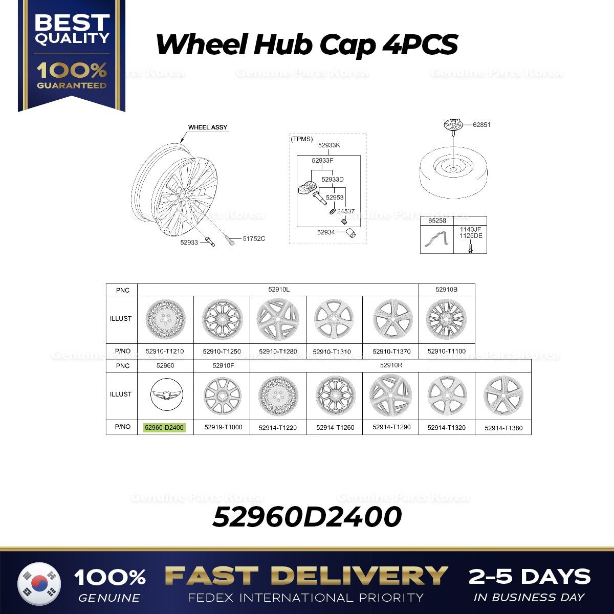 Genuine Wheel Hub Cap 4PCS 52960D2400 for Hyundai Genesis