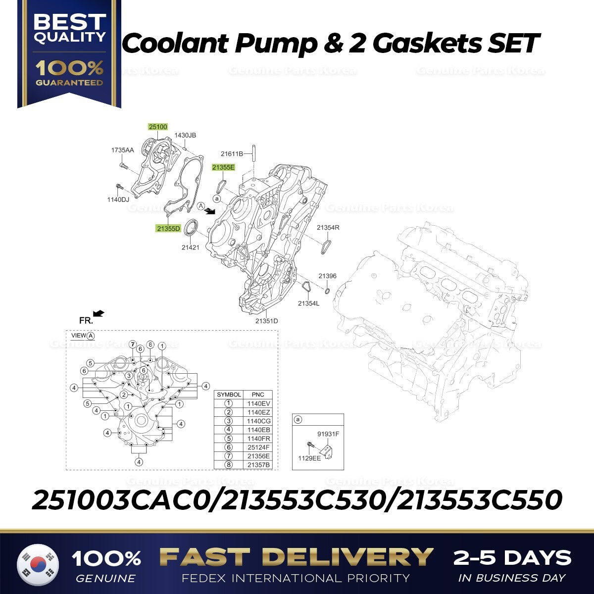 Genuine Coolant Pump & 2 Gaskets SET 251003CAC0 for Hyundai Kia