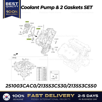 Genuine Coolant Pump & 2 Gaskets SET 251003CAC0 for Hyundai Kia