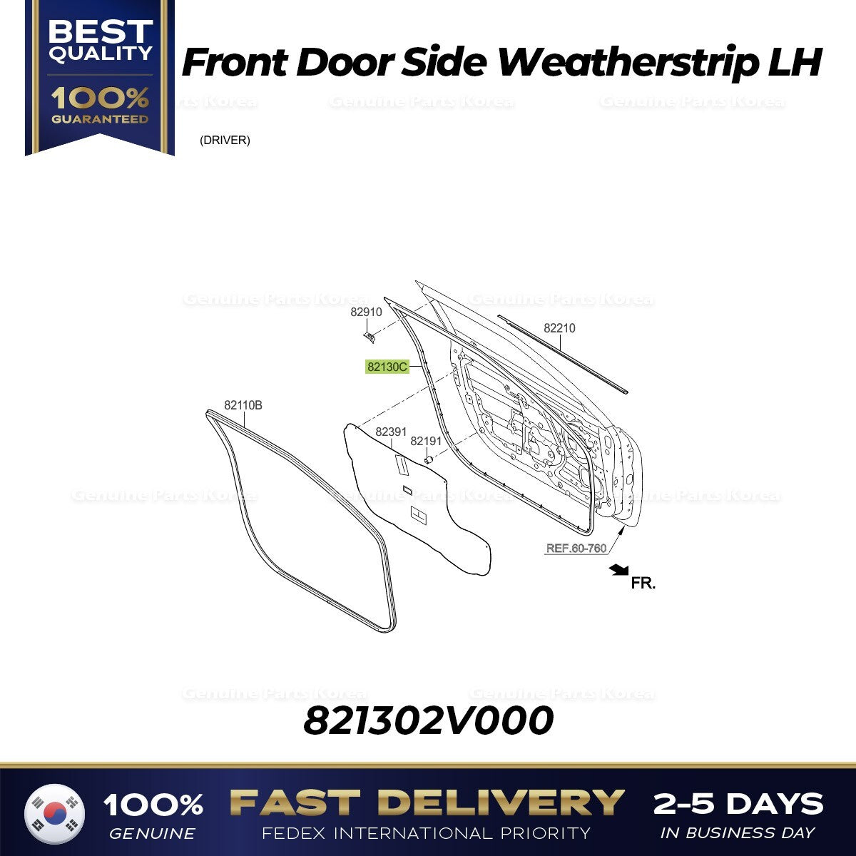Genuine Front Door Side Weatherstrip LH 821302V000 for Hyundai Veloster