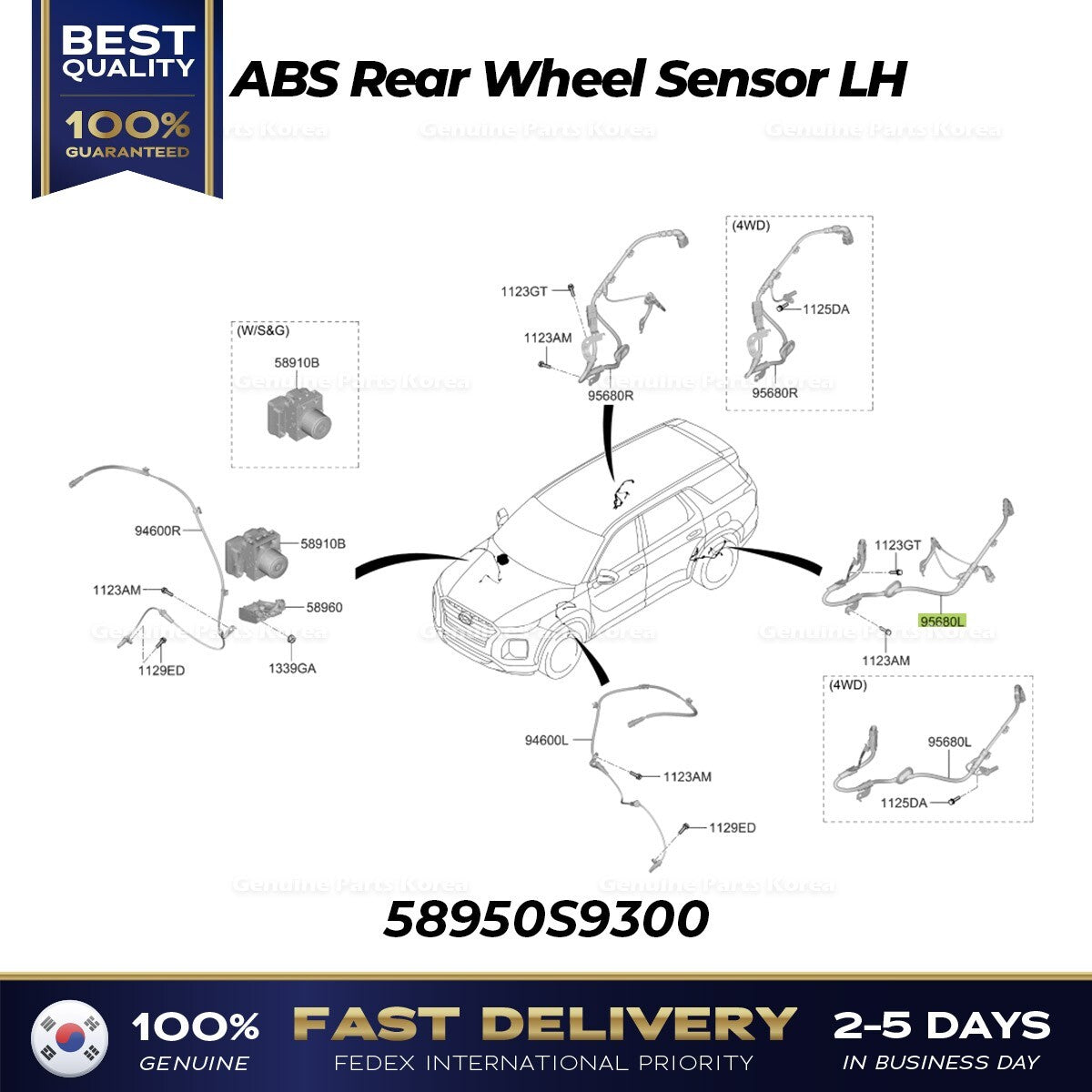 Genuine ABS Rear Wheel Sensor LH 58950S9300 for Hyundai Palisade