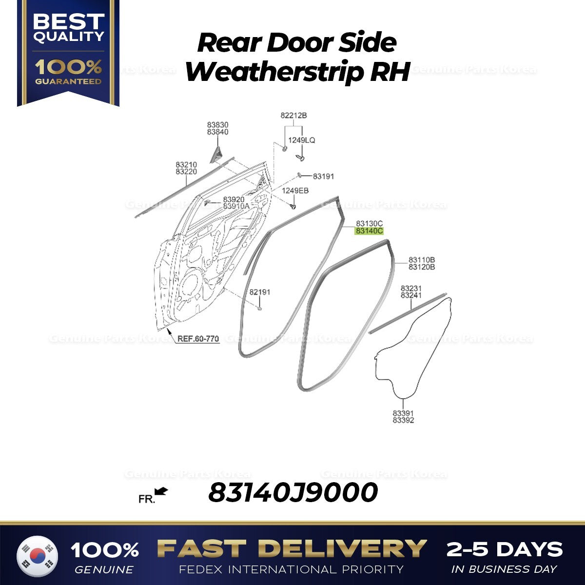Genuine Rear Door Side Weatherstrip RH 83140J9000 for Hyundai Kona