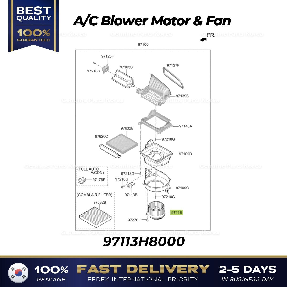 Genuine A/C Blower Motor & Fan 97113H8000 for Hyundai Kona Venue