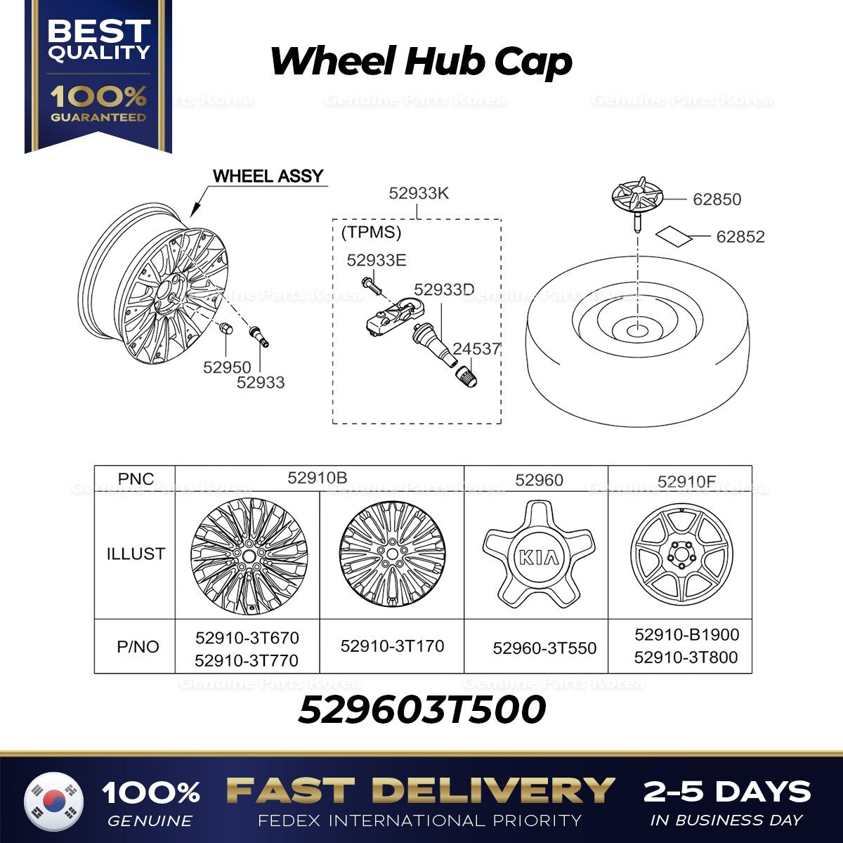 Genuine Wheel Hub Cap 529603T500 for Kia K900