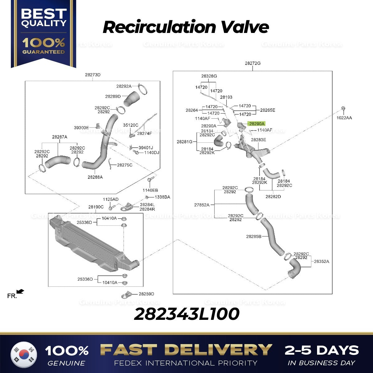 Genuine Recirculation Valve 282343L100 for Hyundai Genesis G70 G80 Kia K900