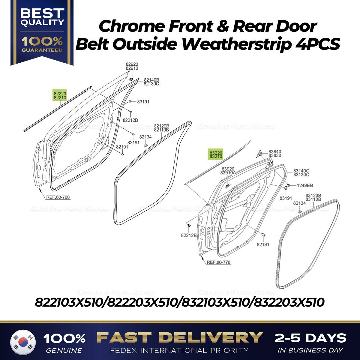 Genuine Front & Rear Door Belt Outside Weatherstrip 4PCS SET for Elantra