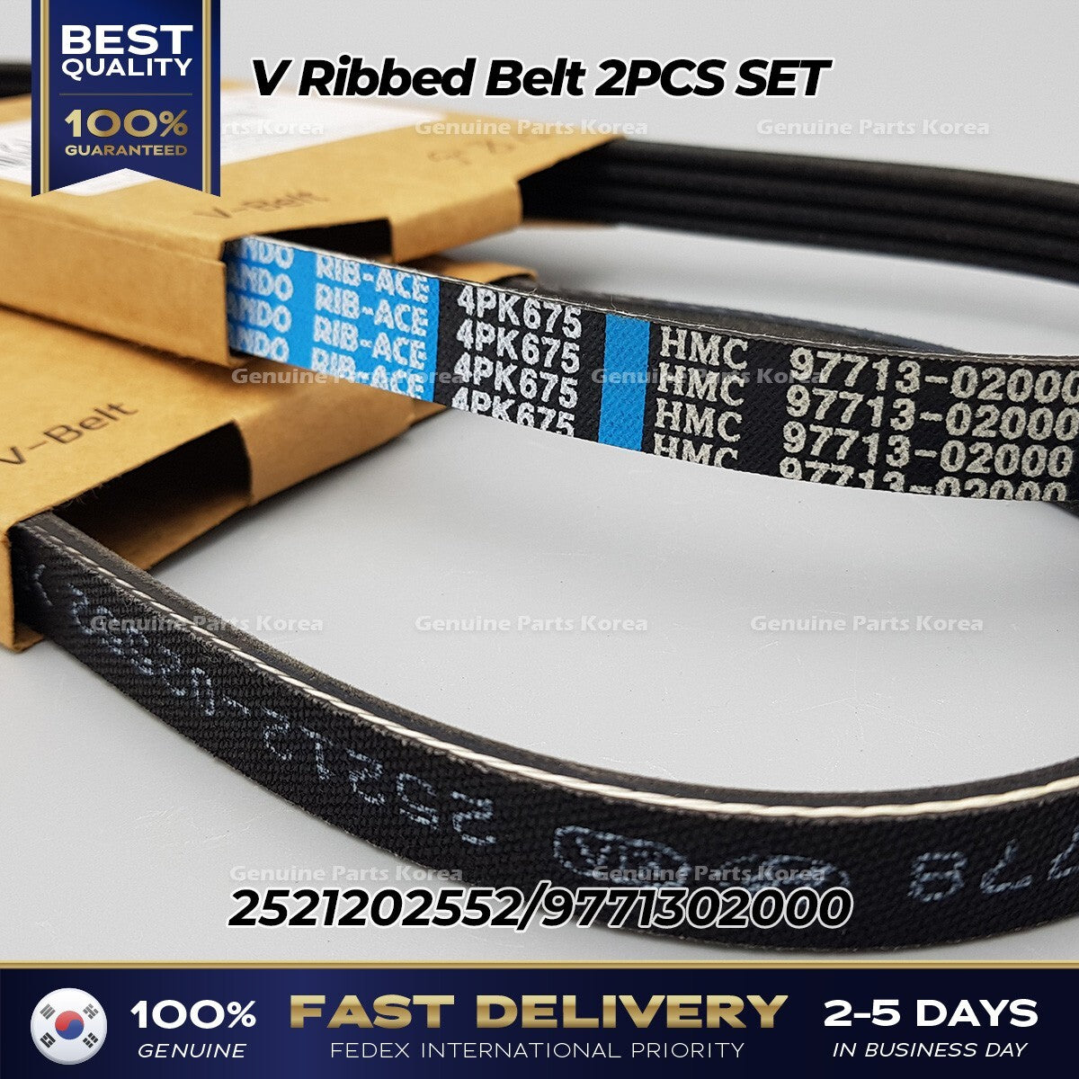 Genuine V Ribbed Belt 2PCS SET 2521202552 9771302000 for Hyundai i10