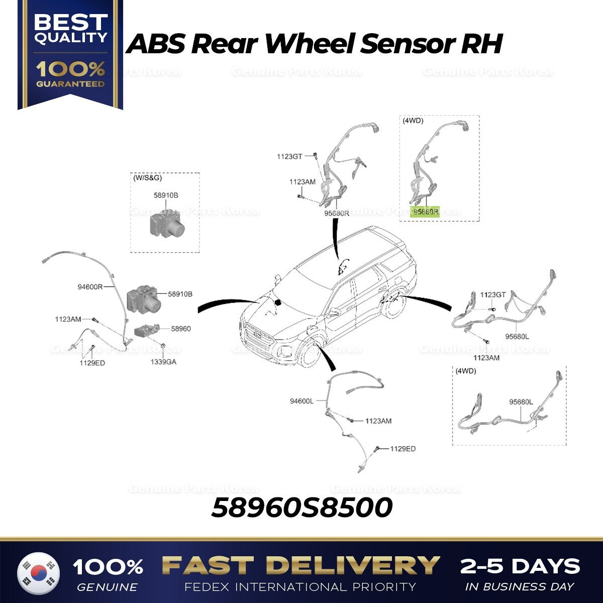 Genuine ABS Rear Wheel Sensor RH 58960S8500 for Hyundai Palisade