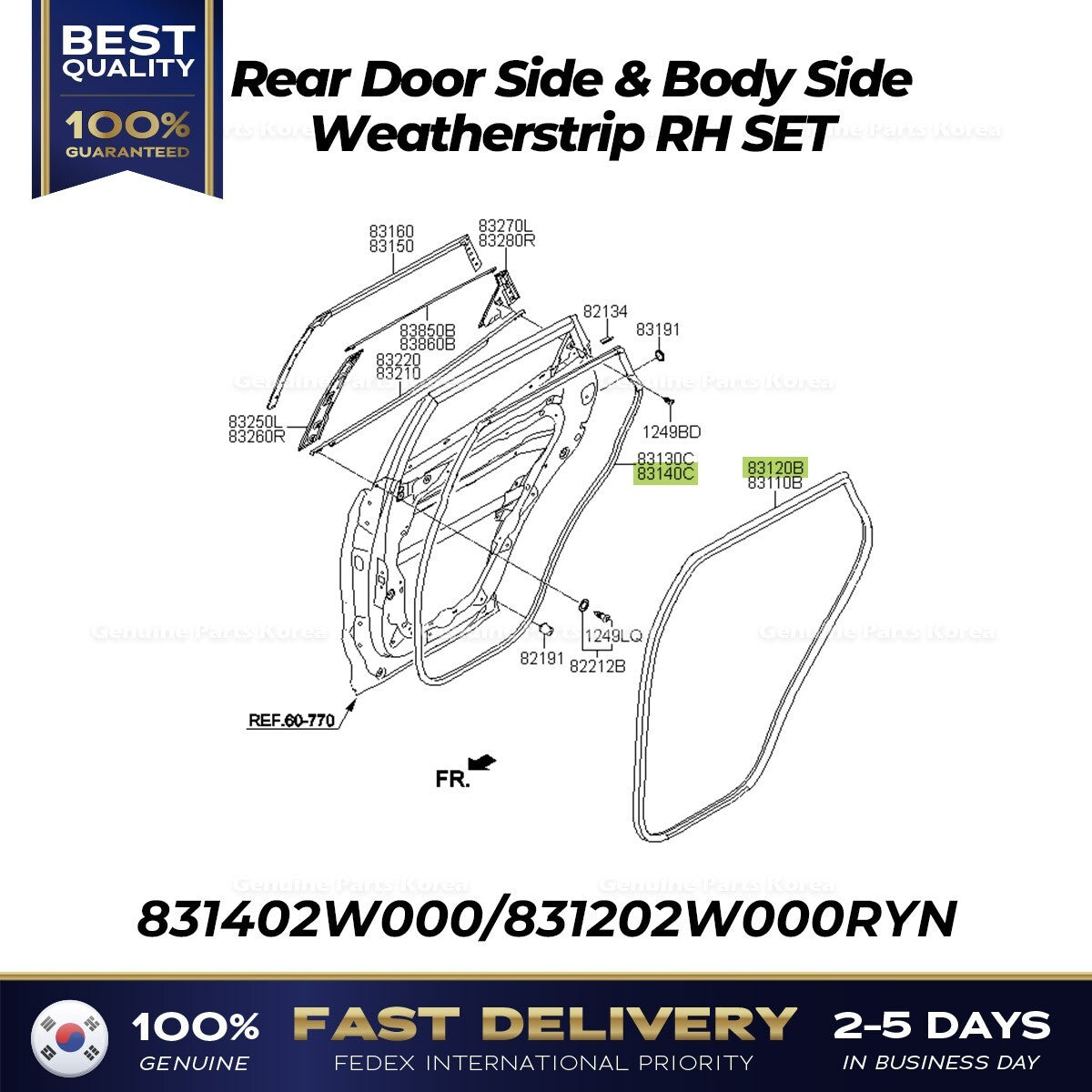 Genuine Rear Door Side & Body Side Weatherstrip RH SET for Hyundai Santa Fe