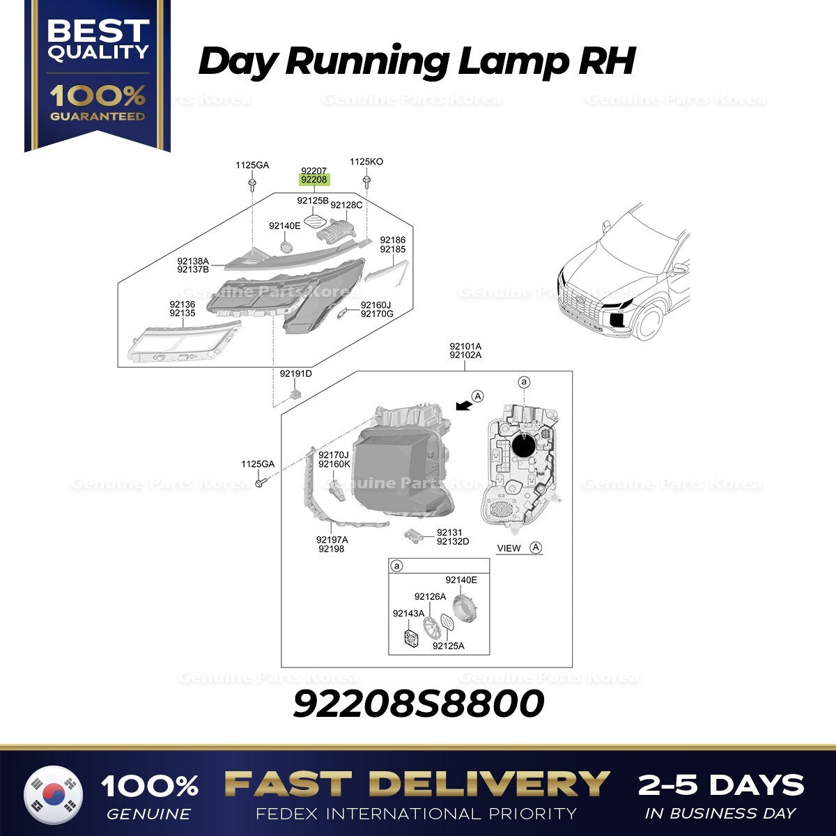 Genuine Day Running Lamp RH 92208S8800 for Hyundai Palisade