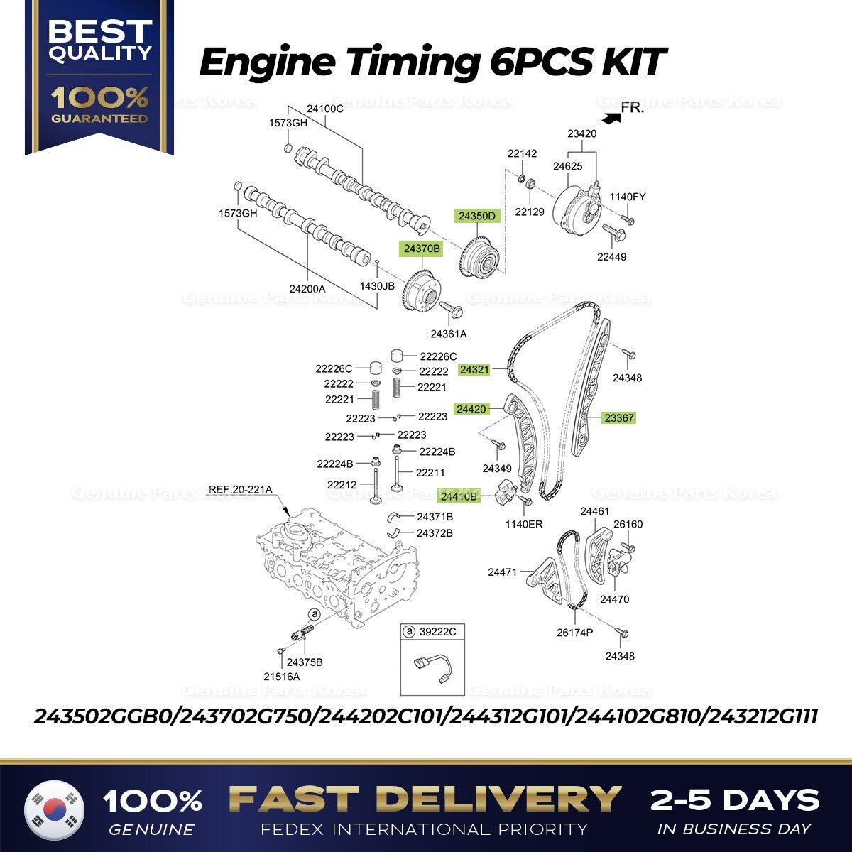 Genuine Engine Timing 6PCS KIT for Hyundai Elantra N Veloster N Kia Sorento
