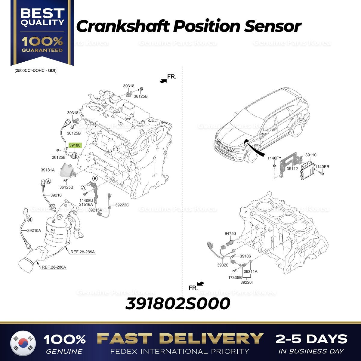 Genuine Crankshaft Position Sensor 391802S000 for Hyundai Santa Fe Kia Sorento
