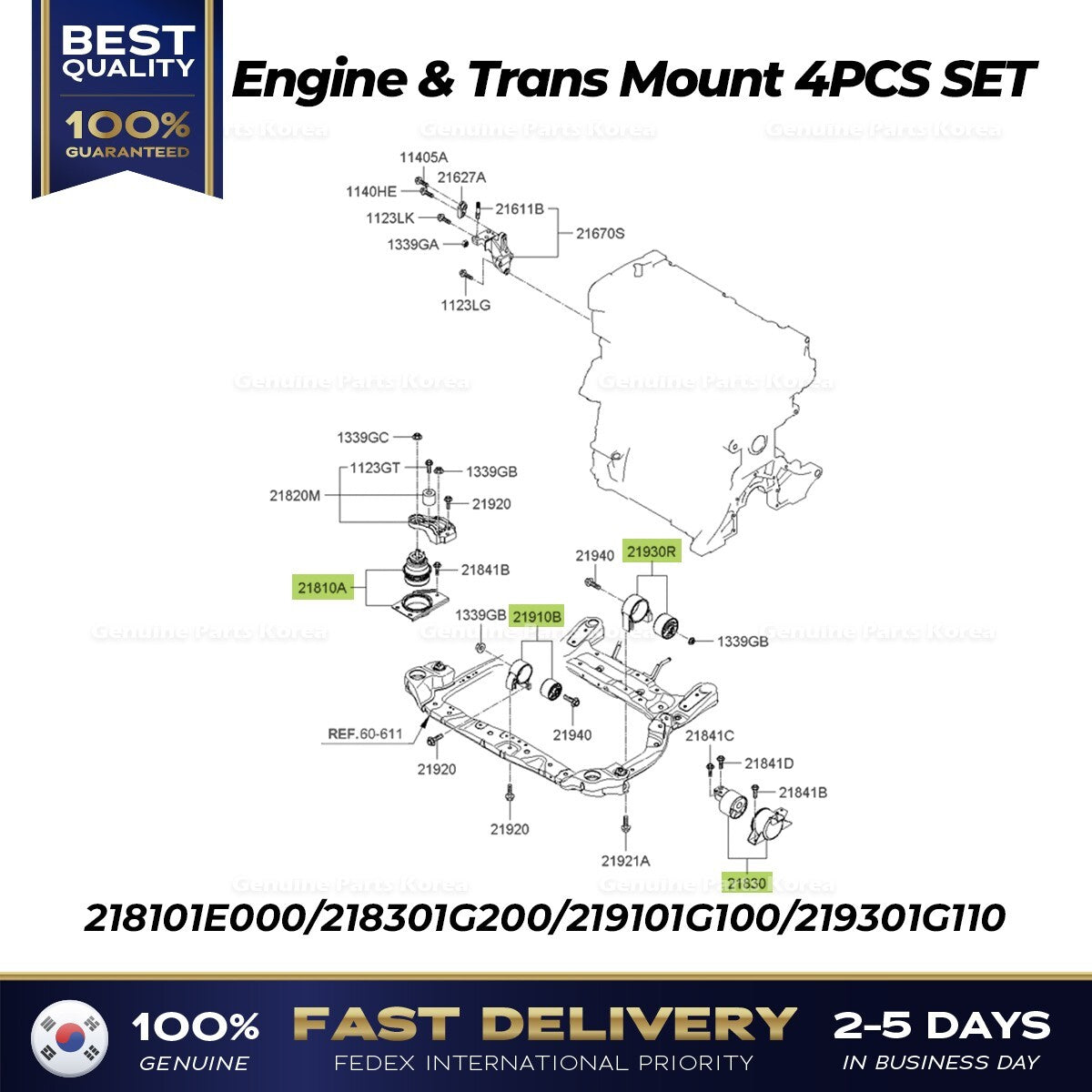 Genuine Engine & Trans Mount 4PCS SET for Hyundai Accent Kia Rio