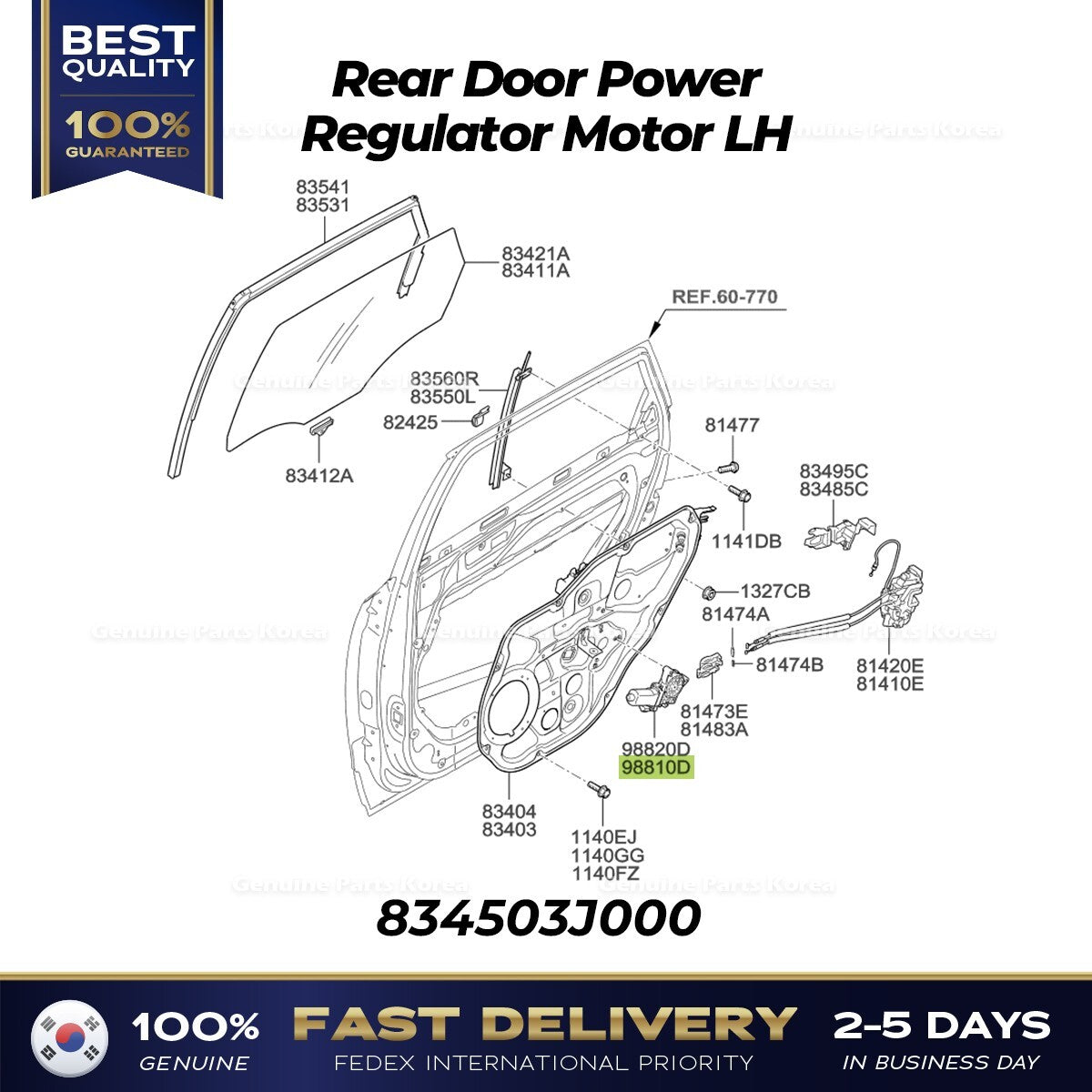 Genuine Rear Door Power Regulator Motor LH 834503J000 for Hyundai Elantra