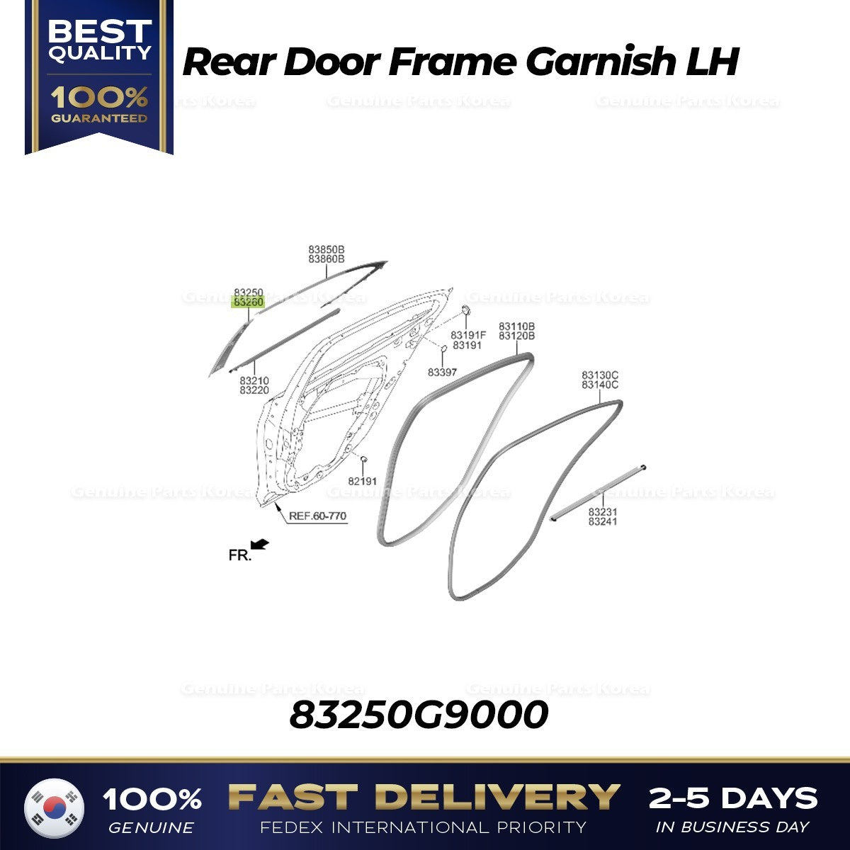 Genuine Rear Door Frame Garnish LH 83250G9000 for Hyundai Genesis G70