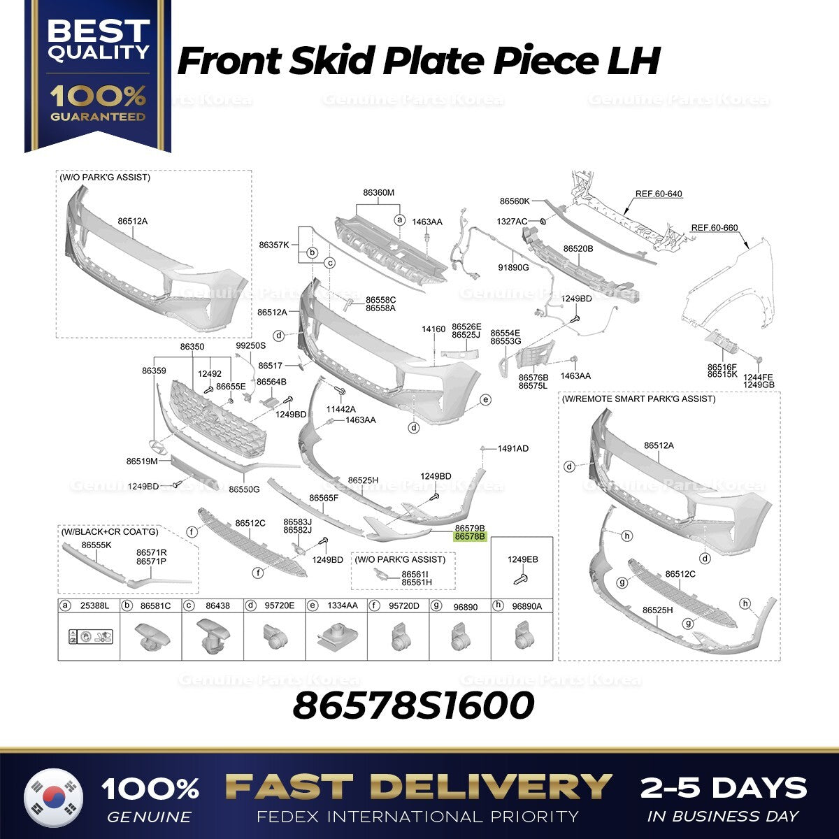 Genuine Front Skid Plate Piece LH 86578S1600 for Hyundai Santa Fe Hybrid