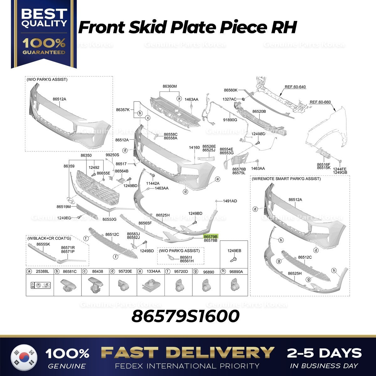 Genuine Front Skid Plate Piece RH 86579S1600 for Hyundai Santa Fe Hybrid