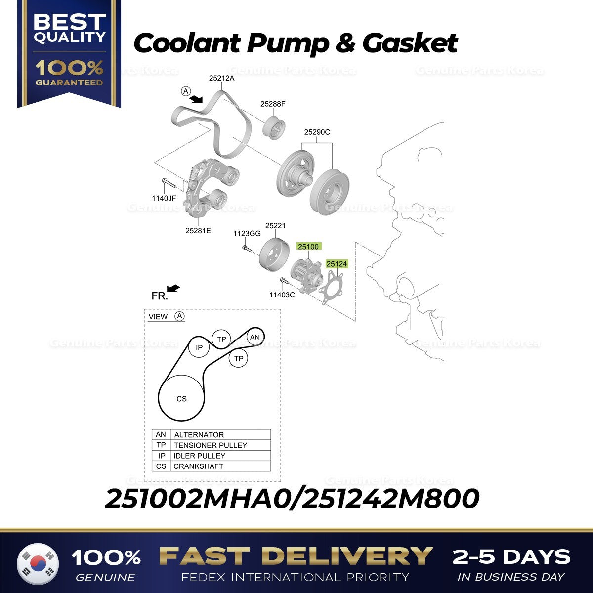 Genuine Coolant Pump & Gasket 251002MHA0 for Hyundai Tucson Kia Sorento