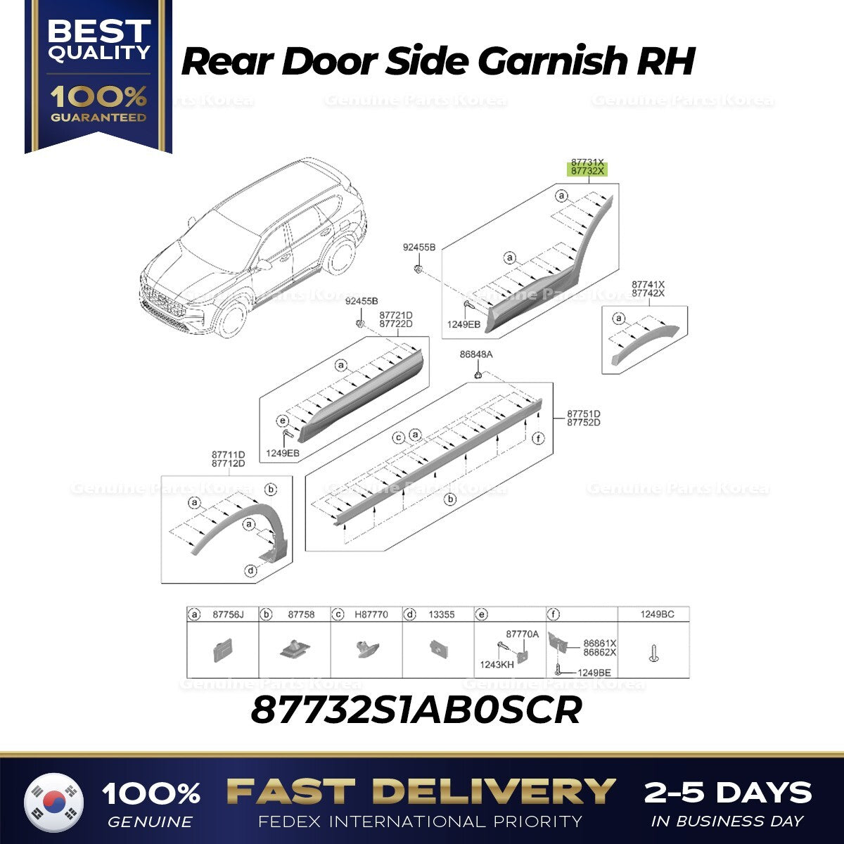 Genuine Rear Door Side Garnish RH 87732S1AB0SCR for Hyundai Santa Fe Hybrid