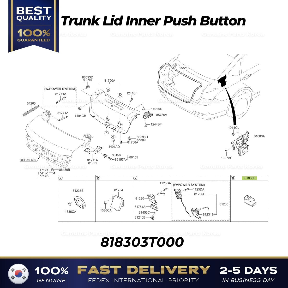 Genuine Trunk Lid Inner Push Button 818303T000 for Hyundai Genesis Kia