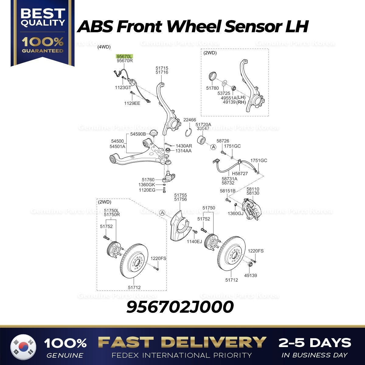 Genuine ABS Front Wheel Sensor LH 956702J000 for Kia Borrego